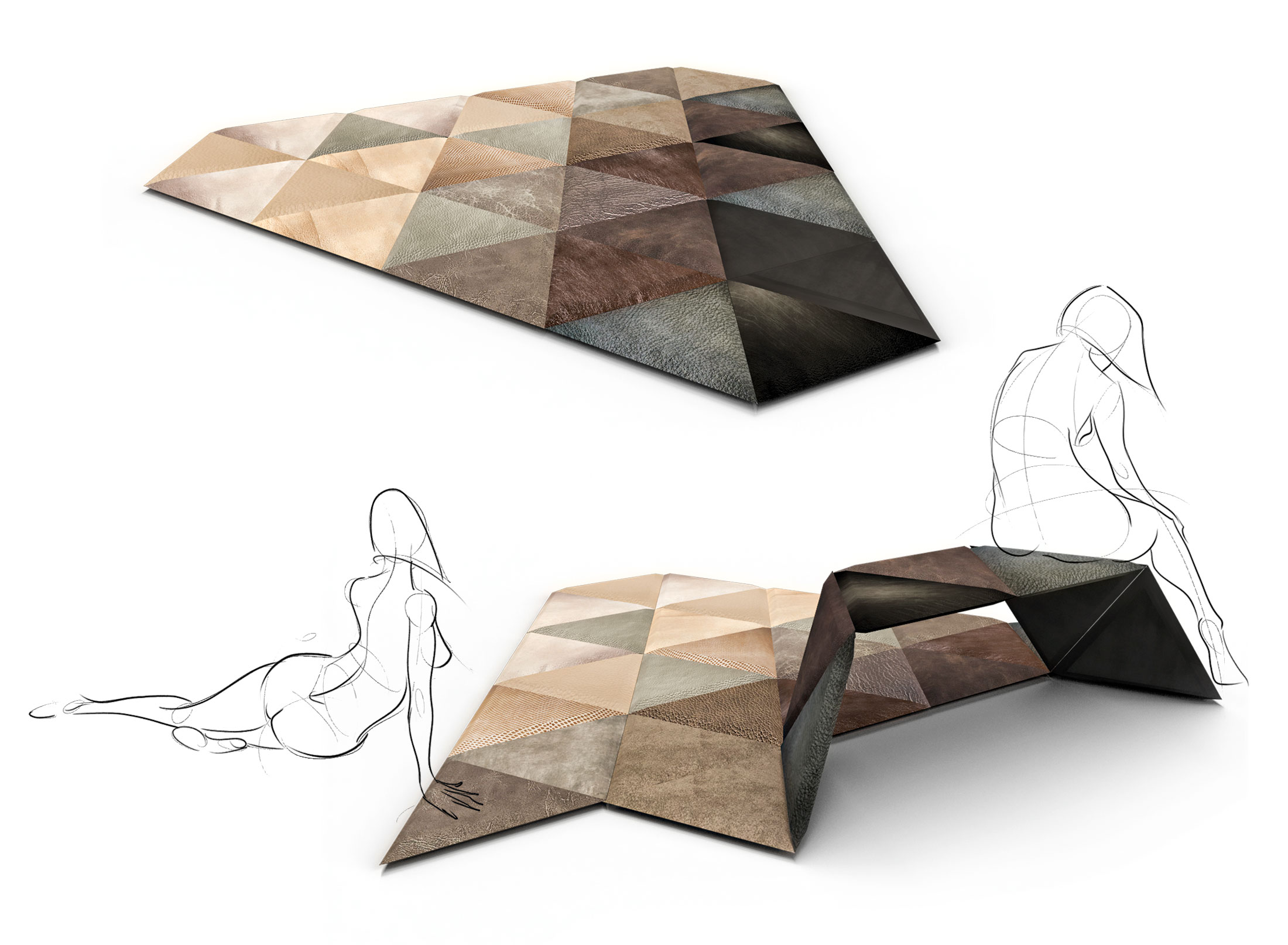 views of 'Equilaterre' morphing triangular leather rug by Inkrypted - Rita Abou Arraj